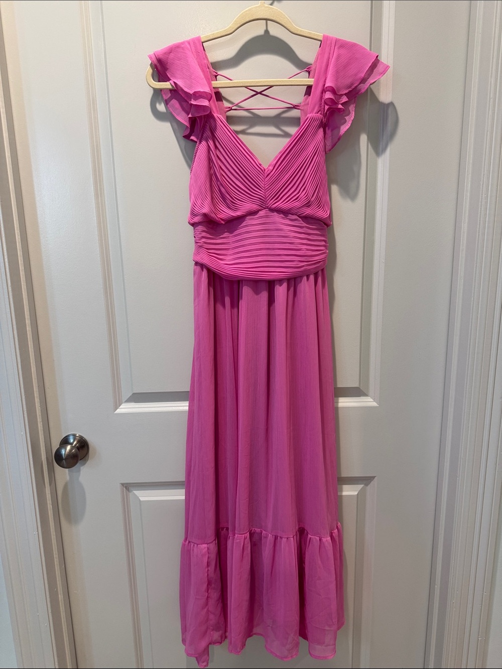 Altar'd State Hot Pink Pleated Maxi Dress with Ruffle Sleeves